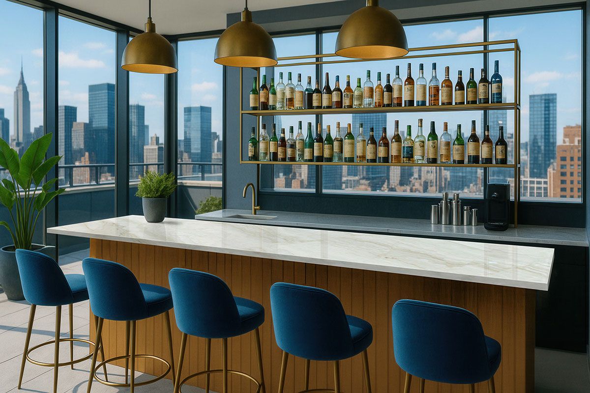 Bar with a white stone top and city view