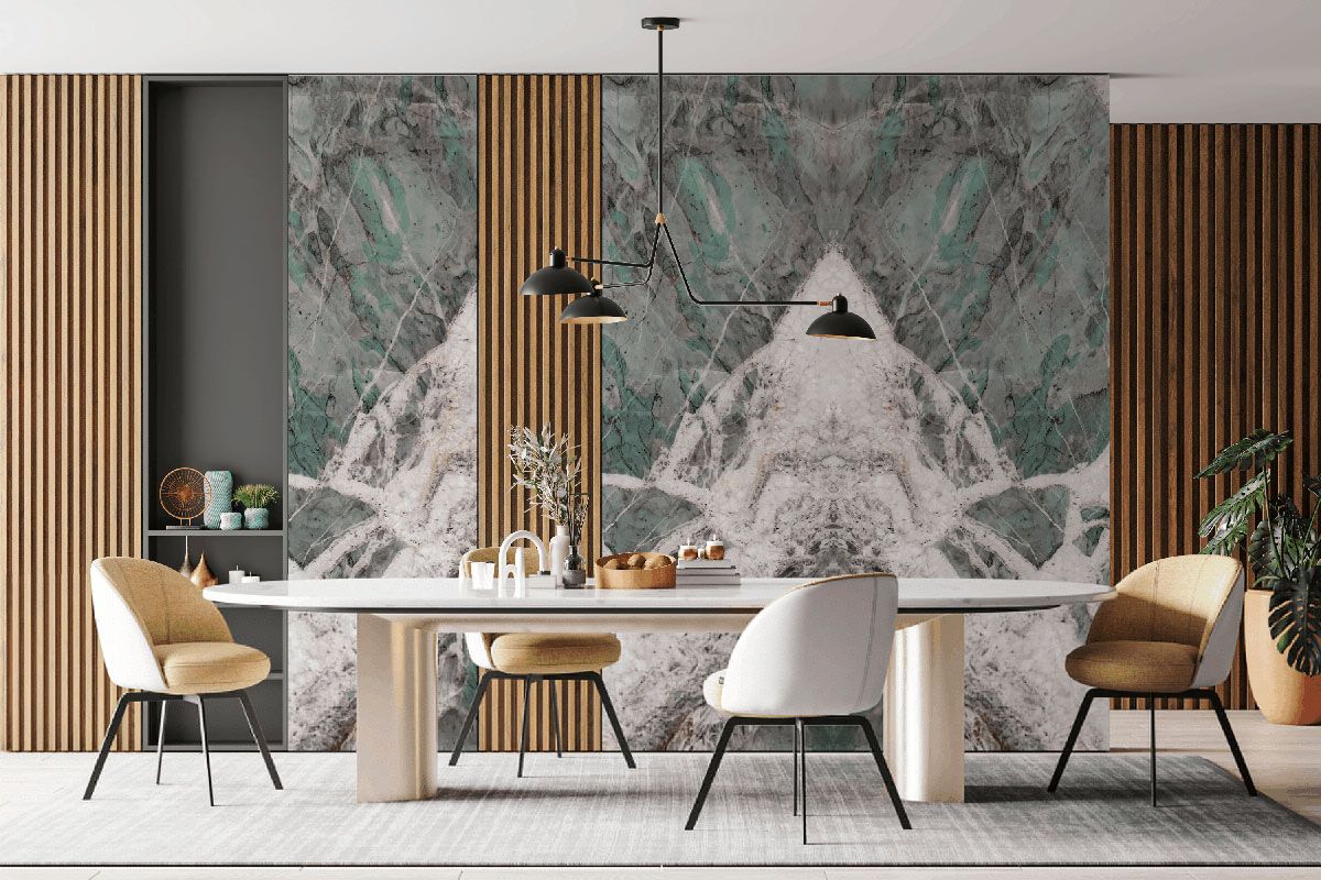 Book-matched quartzite feature wall in a dining room